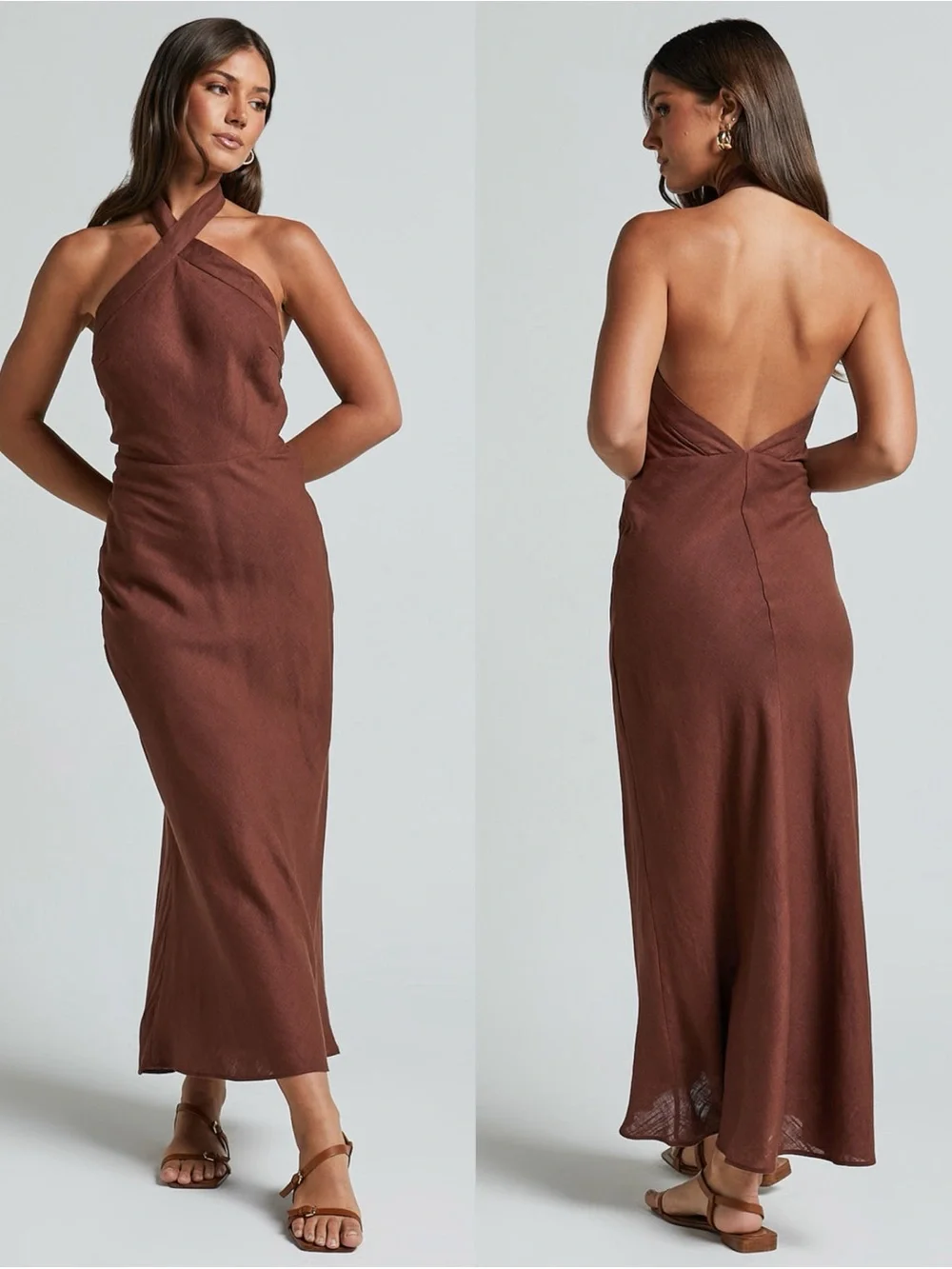 SHOWPO Maelynn Linen Twist Halter Neck Low Back Slip Dress, In Chocolate SHOWPO Maelynn Linen Twist Halter Neck Low Back Slip Dress, In Chocolate